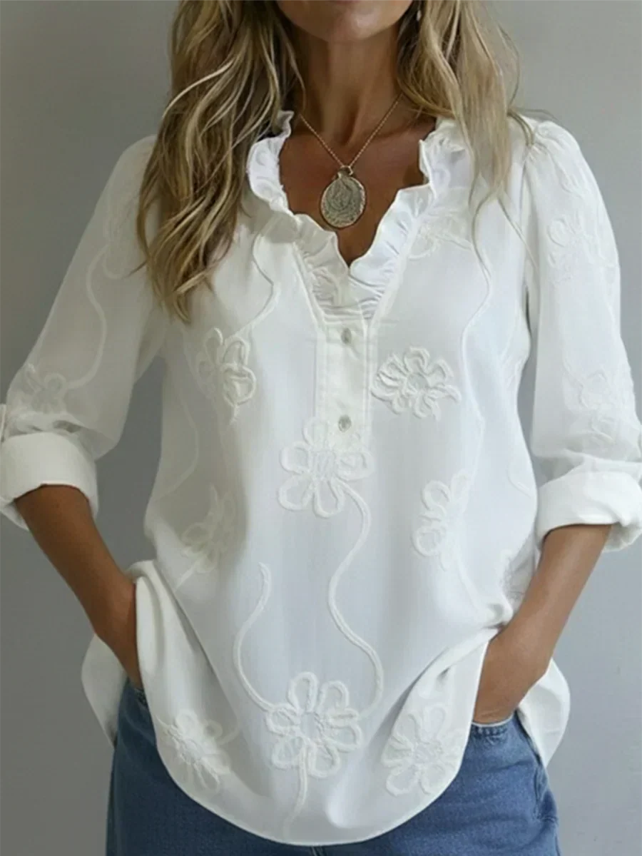 Blouse à Col Volanté Avec Motif Floral Pour Femmes | Idéale Pour La Mi-Saison