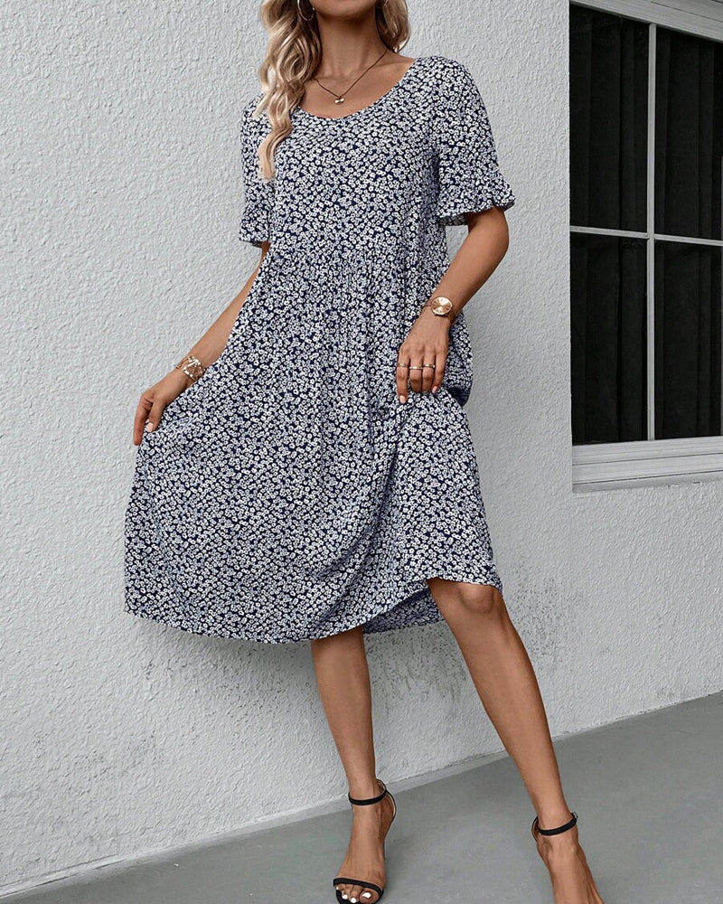 Robe Midi À Motif Floral Avec Col Rond Et Manches Courtes Pour Femme | Idéale Pour Le Jour Et La Soirée