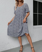 Robe Midi À Motif Floral Avec Col Rond Et Manches Courtes Pour Femme | Idéale Pour Le Jour Et La Soirée