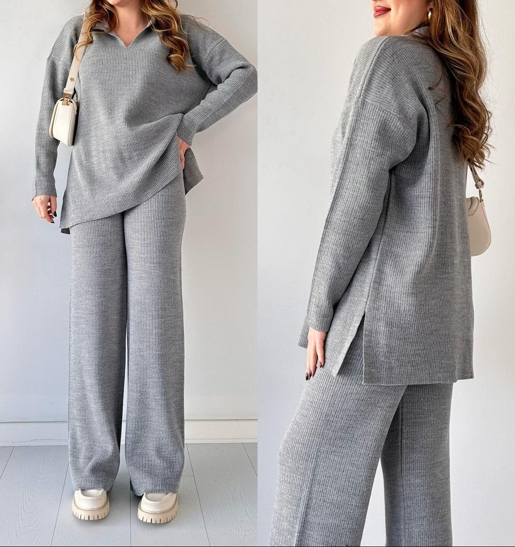 Ensemble Lounge Avec Texture Côtelée Et Pantalon À Jambe Large Pour Femmes | Idéal Pour Un Usage Quotidien