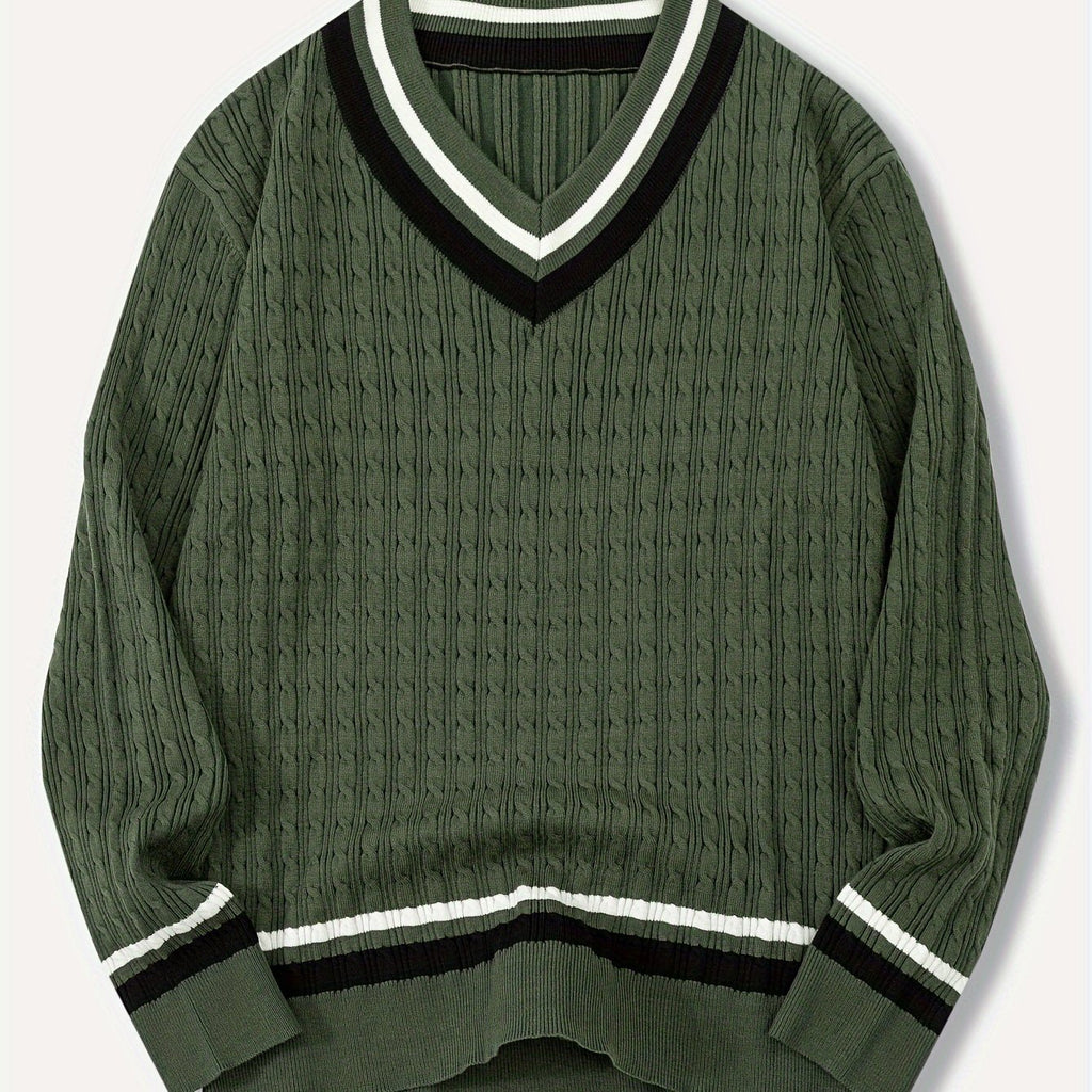 Pull-Over Homme à Col V Rayé et Maille Structurée | Idéal pour la Mi-Saison