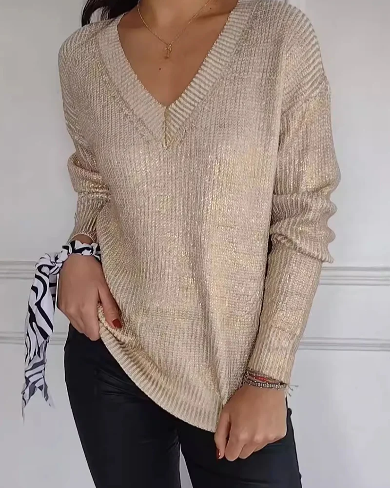 Pull En Maille Avec Col En V Et Finition Métallisée Pour Femme | Idéal Pour Toutes Les Saisons
