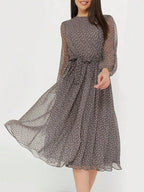 Robe Midi À Pois Avec Col Rond Et Manches Longues Pour Femme | Idéale Pour Le Jour Et La Soirée