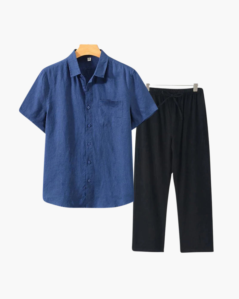 Ensemble Été Deux Pièces Avec Chemise Courte Et Pantalon À Taille Élastique Pour Homme | Idéal Pour Saison Estivale
