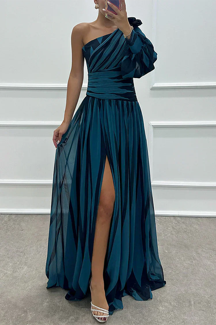 Robe Maxi One-Shoulder Rayée Avec Jupe Plissée Pour Femme | Idéale Pour L'Été