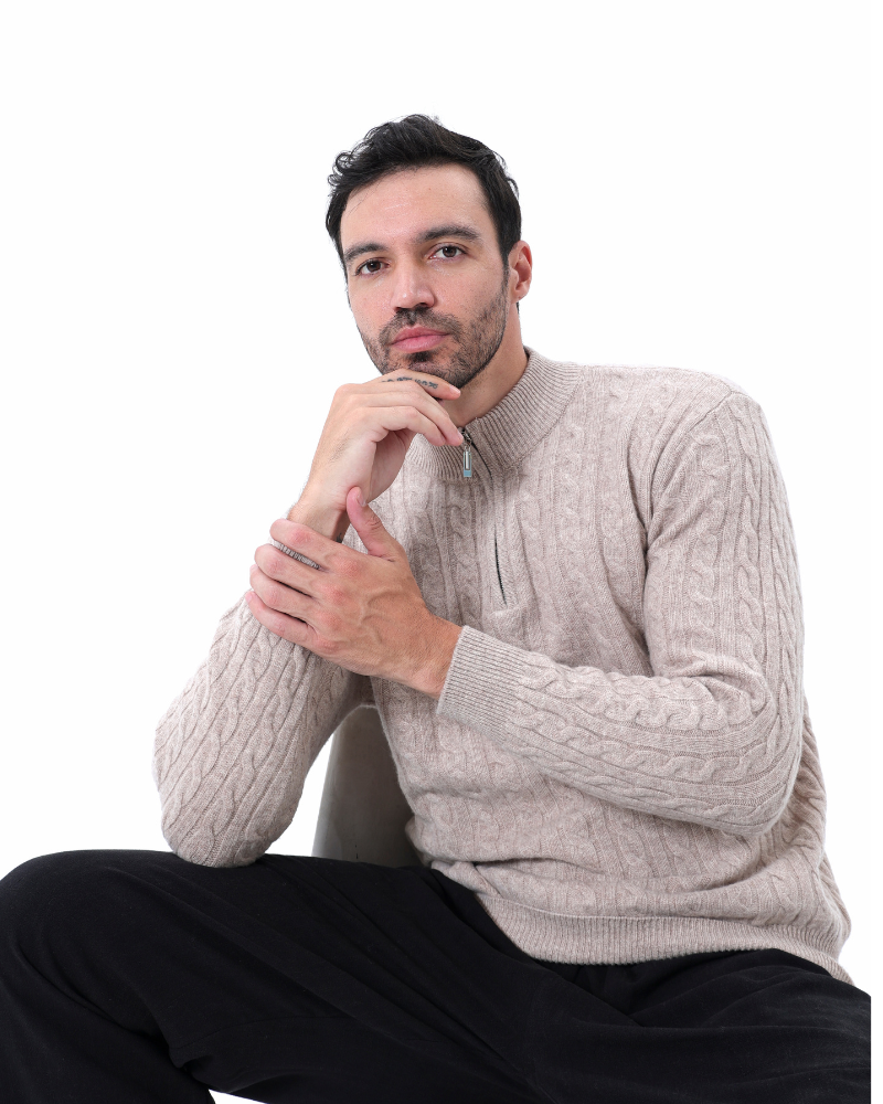 Pull pour Homme avec Col Zippé et Motif en Torsades | Idéal pour l’Hiver