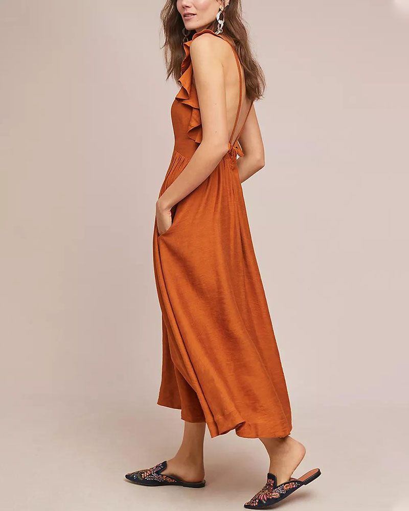 Robe Midi Sans Manches Avec Détails À Volants Pour Femme | Idéal Pour Usage Quotidien Et Été