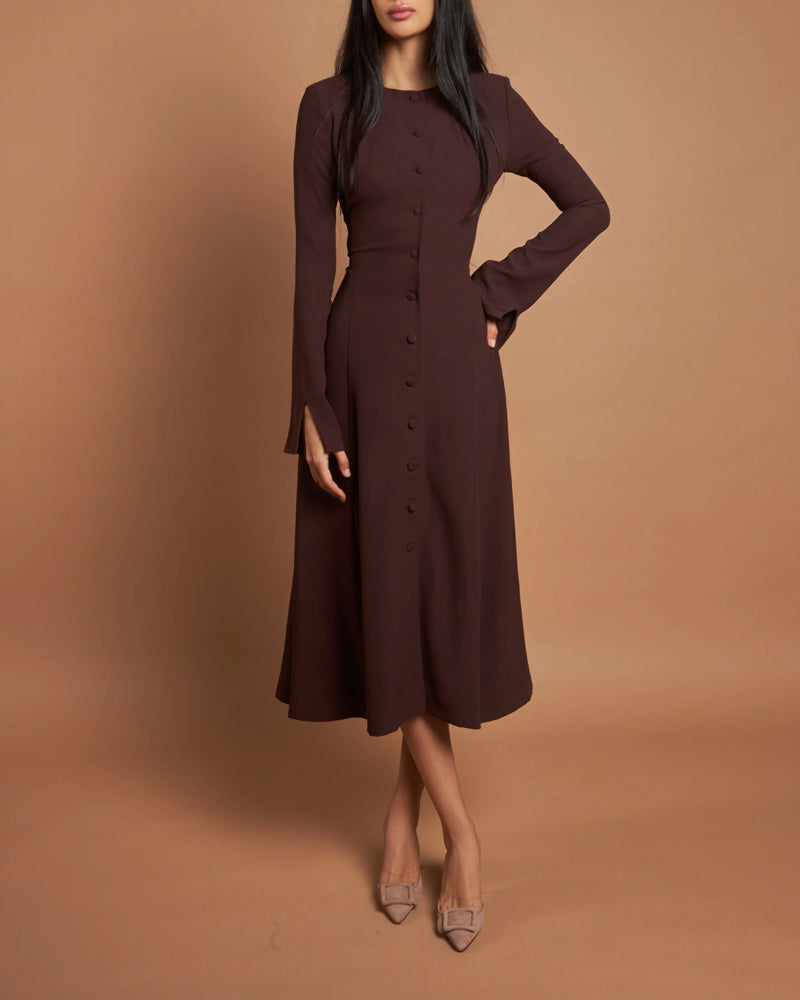 Robe Midi Boutonnée Avec Taille Cintrée Et Manches Longues Pour Femmes | Adaptée Aux Tenues Quotidiennes