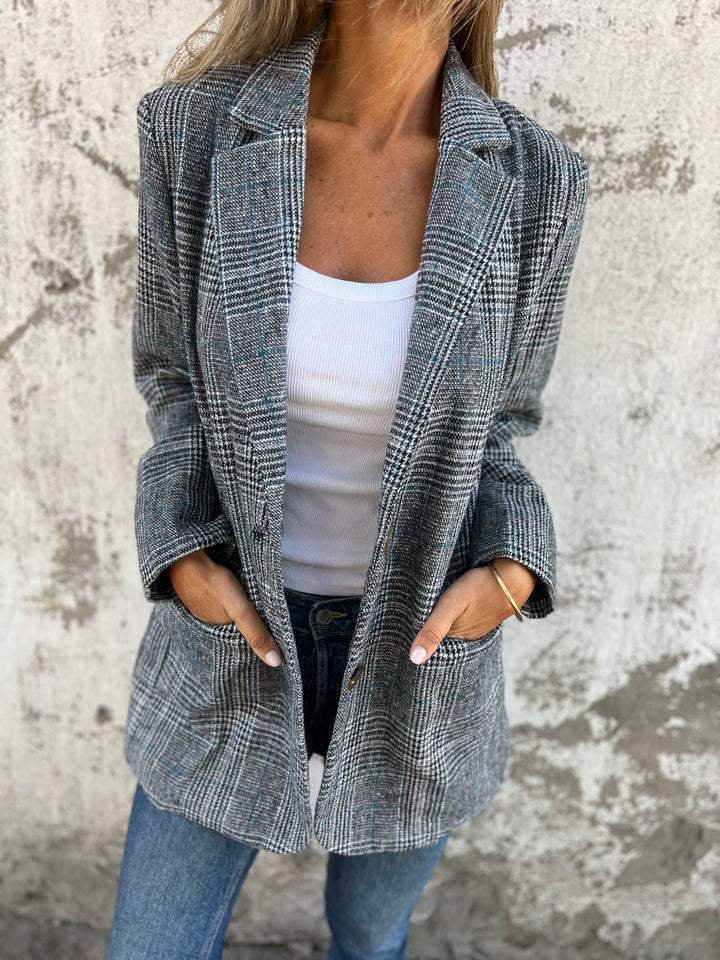 Blazer À Carreaux Gris Avec Poches À Rabat Pour Femmes | Idéal Pour Le Travail Et Les Tenues Quotidiennes