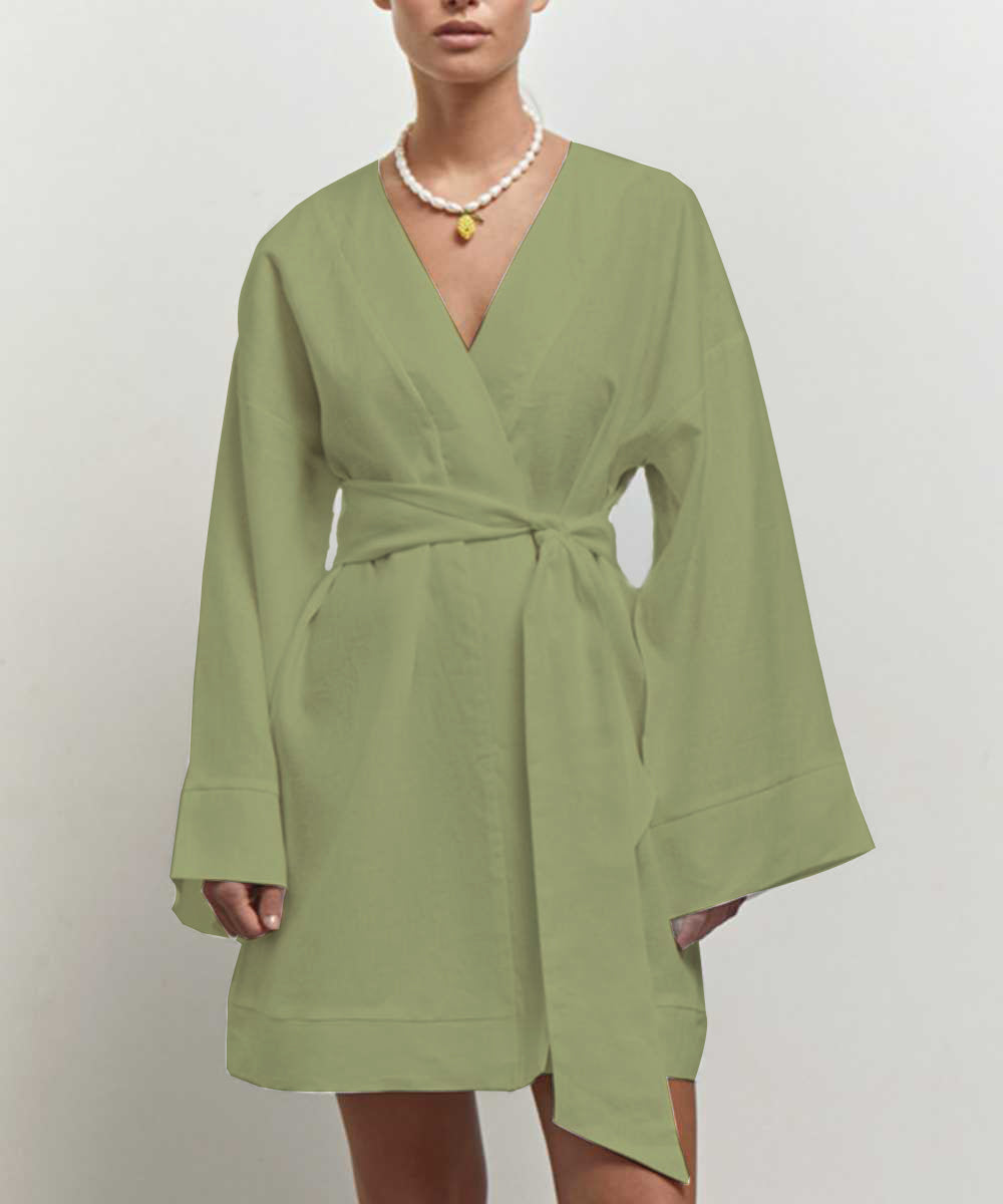 Robe Portefeuille Courte À Manches Longues Avec Ceinture Pour Femme | Idéale Pour Les Journées Décontractées