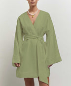 Robe Portefeuille Courte À Manches Longues Avec Ceinture Pour Femme | Idéale Pour Les Journées Décontractées