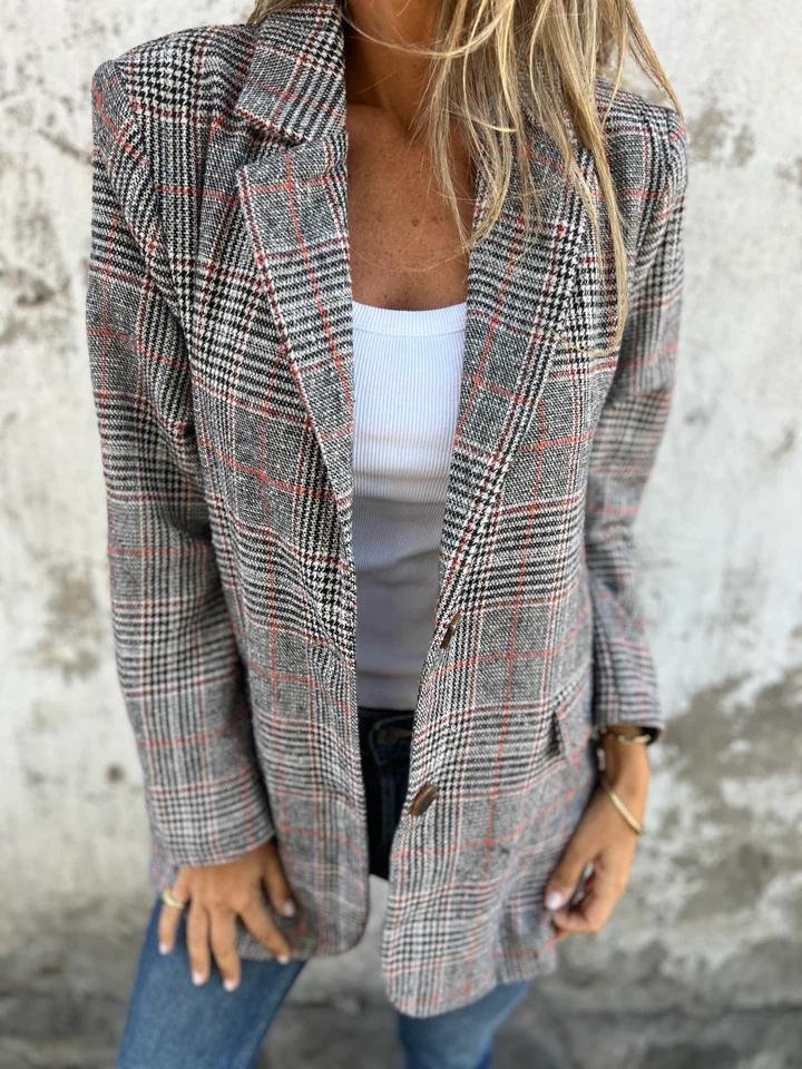 Blazer À Carreaux Gris Avec Poches À Rabat Pour Femmes | Idéal Pour Le Travail Et Les Tenues Quotidiennes