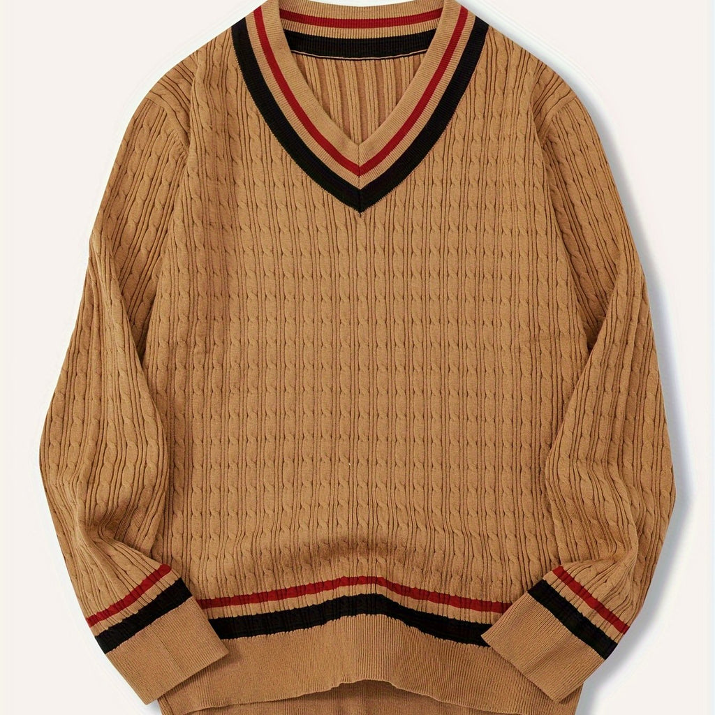 Pull-Over Homme à Col V Rayé et Maille Structurée | Idéal pour la Mi-Saison