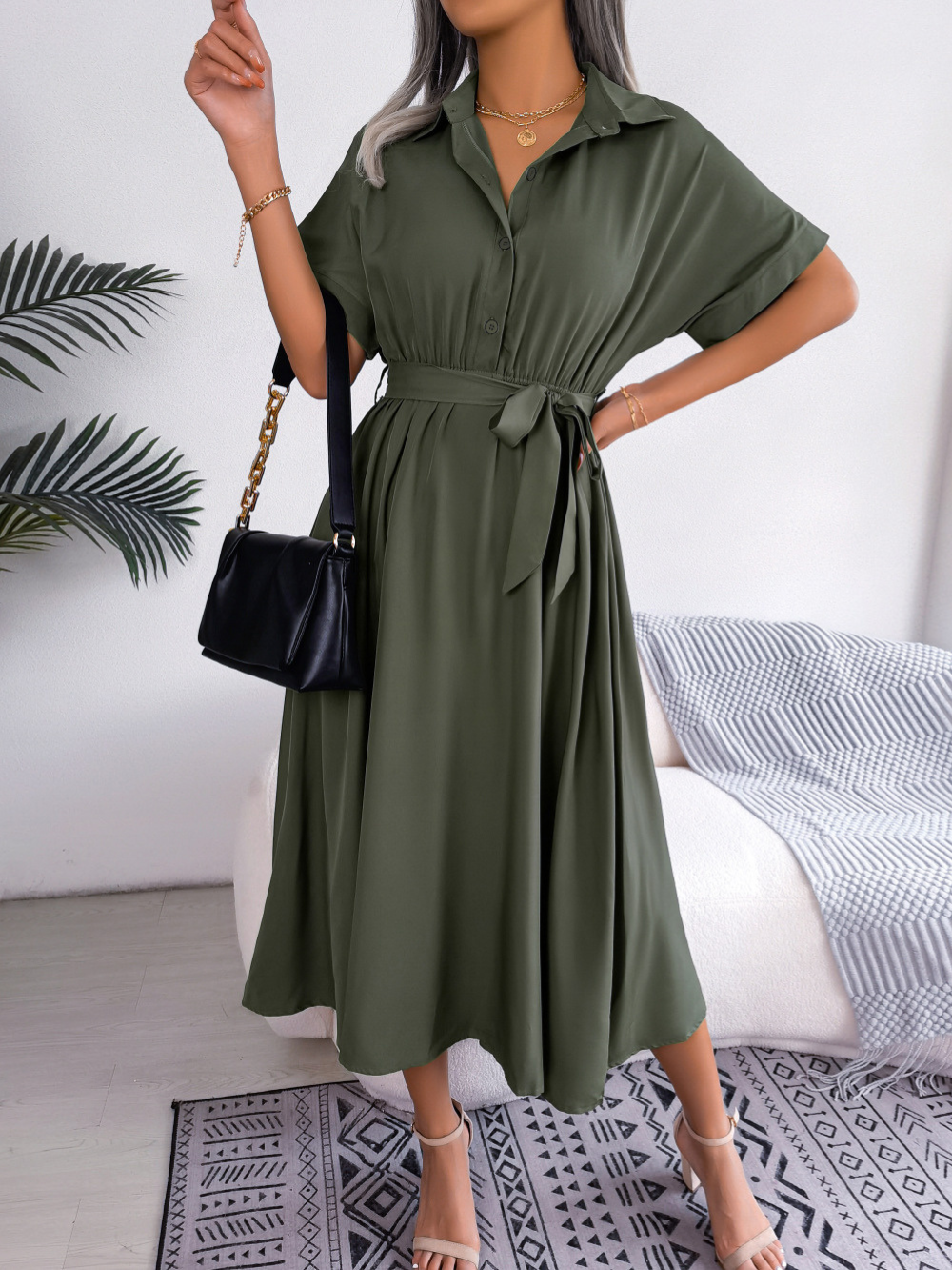 Robe Chemise Midi Avec Ceinture Nouée Et Manches Courtes Pour Femmes | Adaptée Aux Tenues Quotidiennes