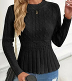Pull à Manches Longues avec Ourlet Peplum et Motif Tressé pour Femme | Idéal pour un Usage Quotidien