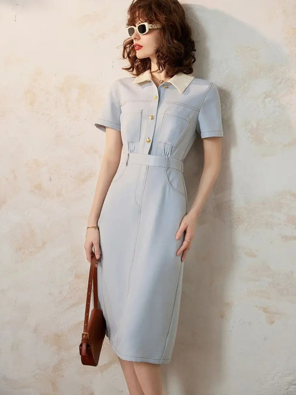 Robe Chemise Midi Avec Taille Marquée Et Manches Courtes Pour Femmes | Idéal Pour Usage Quotidien Et Bureau