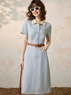 Robe Chemise Midi Avec Taille Marquée Et Manches Courtes Pour Femmes | Idéal Pour Usage Quotidien Et Bureau