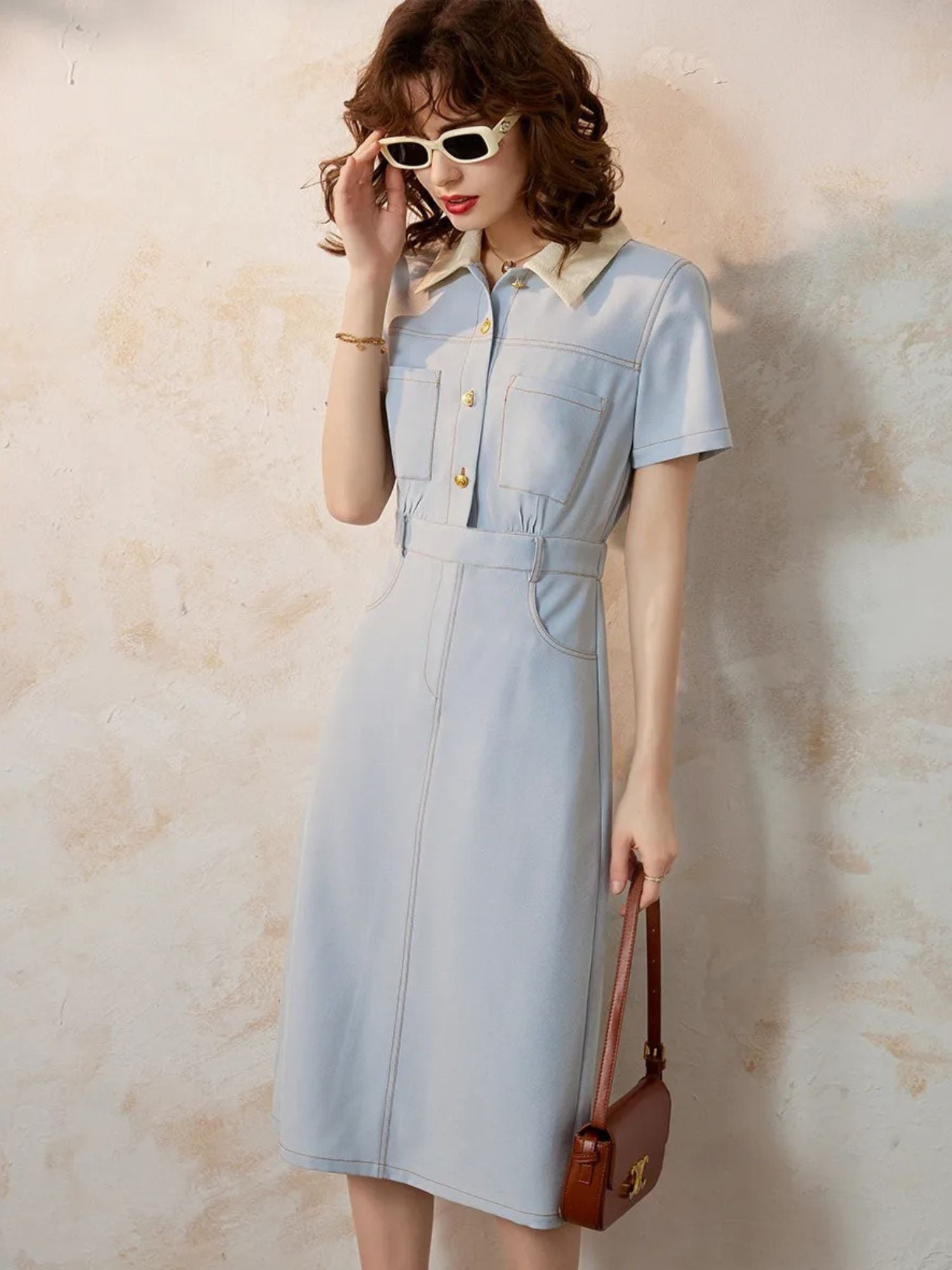 Robe Chemise Midi Avec Taille Marquée Et Manches Courtes Pour Femmes | Idéal Pour Usage Quotidien Et Bureau