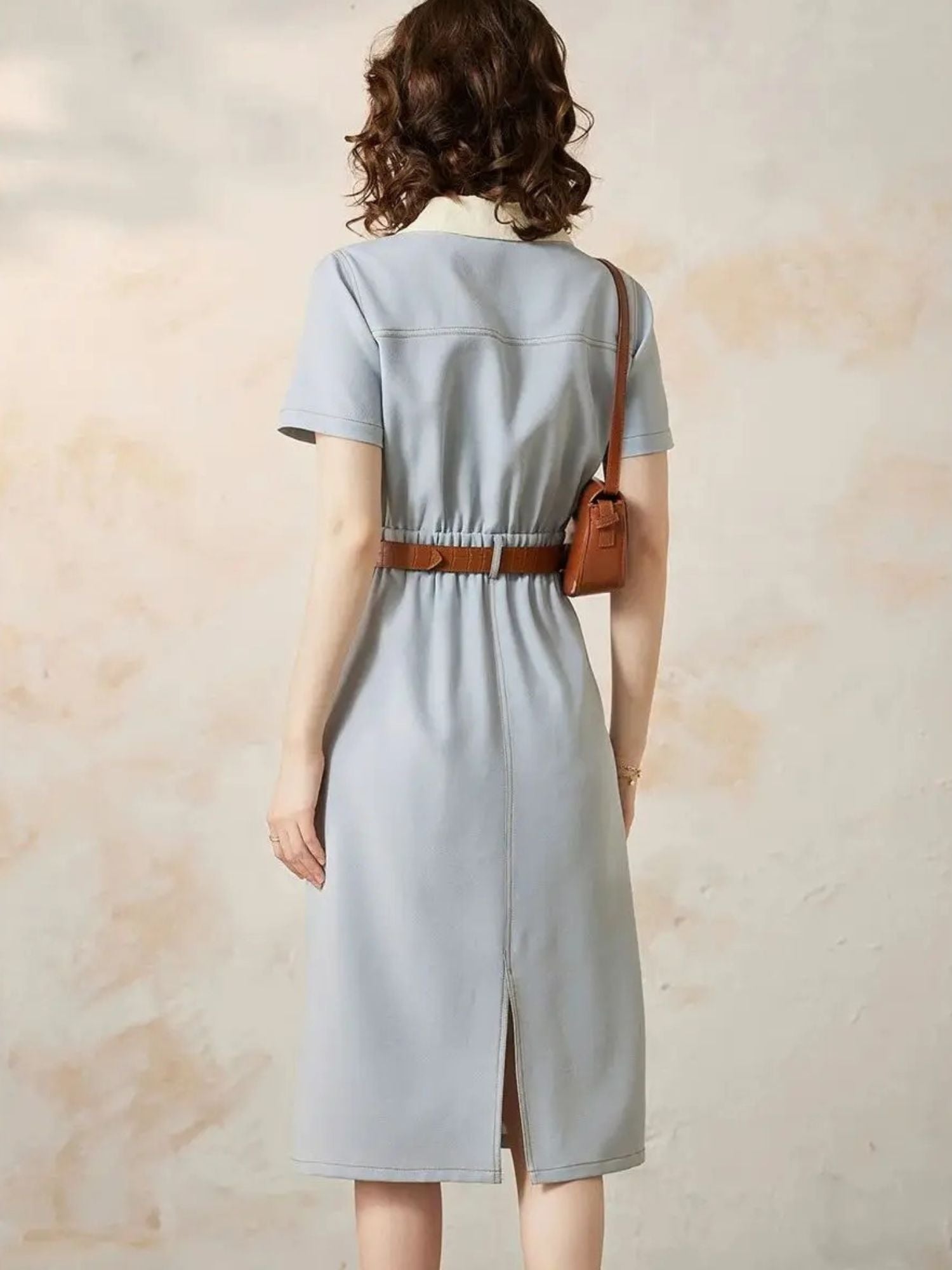 Robe Chemise Midi Avec Taille Marquée Et Manches Courtes Pour Femmes | Idéal Pour Usage Quotidien Et Bureau