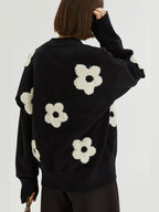 Cardigan Noir à Motif Floral avec Coupe Oversize et Boutons pour Femmes | Idéal pour Saisons Fraîches