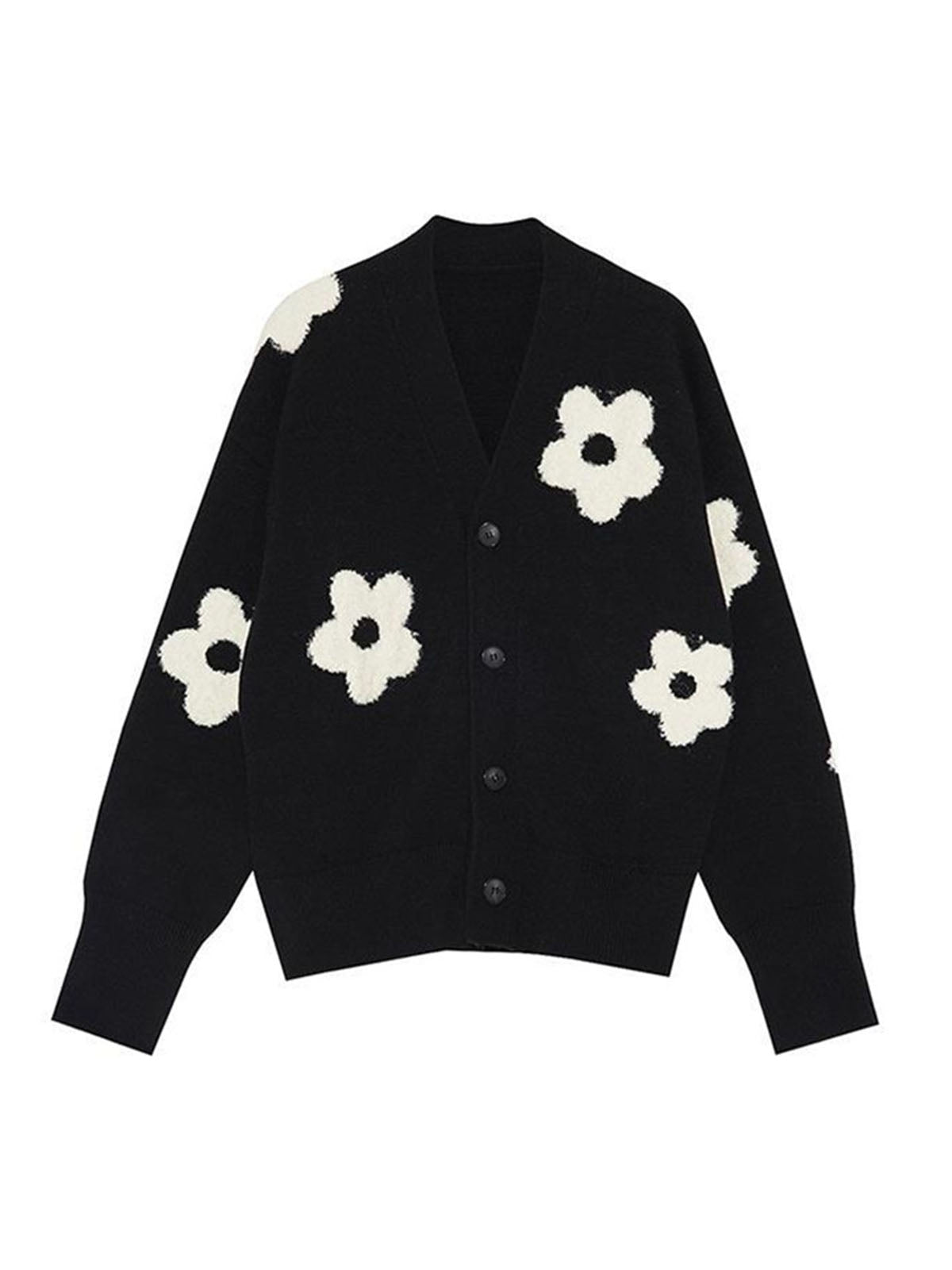 Cardigan Noir à Motif Floral avec Coupe Oversize et Boutons pour Femmes | Idéal pour Saisons Fraîches