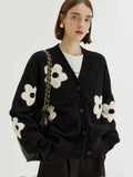 Cardigan Noir à Motif Floral avec Coupe Oversize et Boutons pour Femmes | Idéal pour Saisons Fraîches