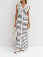 Robe Longue Sans Manches Avec Rayures Et Fermeture Boutonnée Pour Femmes | Idéal Pour Été Et Usage Quotidien