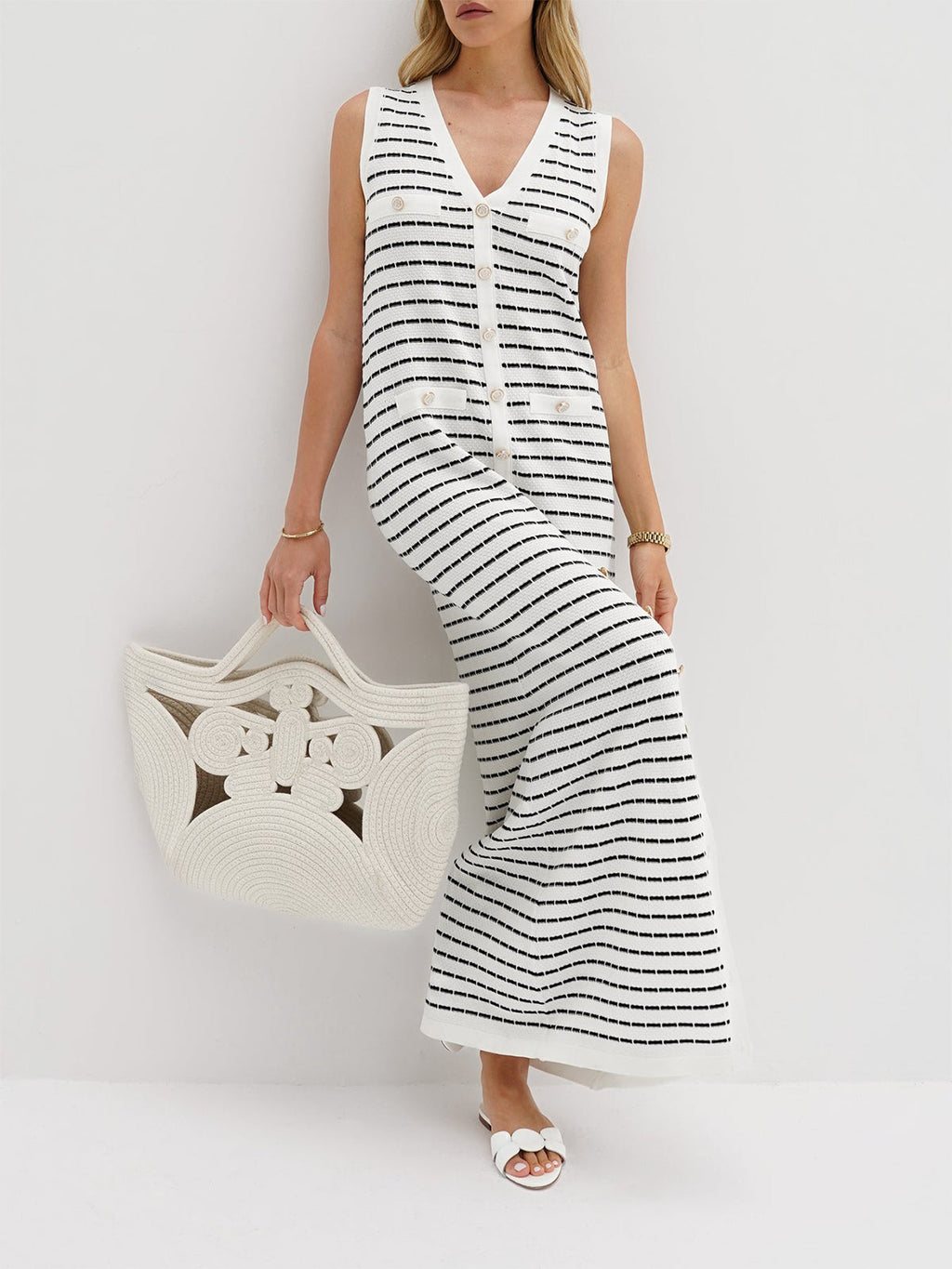 Robe Longue Sans Manches Avec Rayures Et Fermeture Boutonnée Pour Femmes | Idéal Pour Été Et Usage Quotidien