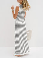 Robe Longue Sans Manches Avec Rayures Et Fermeture Boutonnée Pour Femmes | Idéal Pour Été Et Usage Quotidien