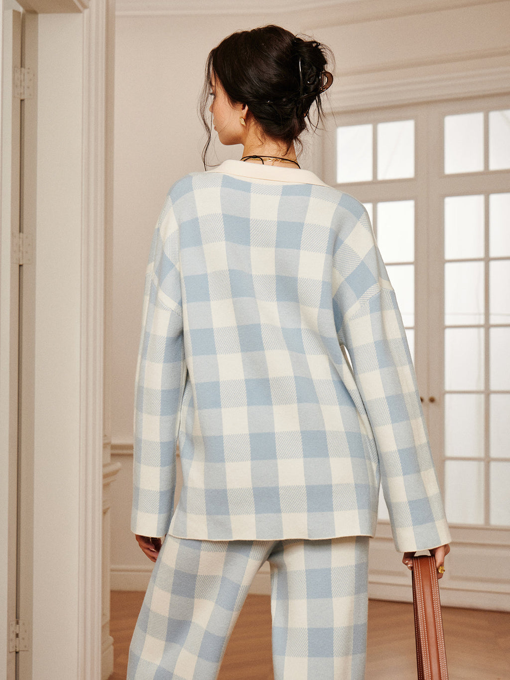 Ensemble Deux Pièces à Motif Carreaux avec Haut à Col Contrasté et Pantalon Large pour Femmes | Idéal pour Tenues Quotidiennes