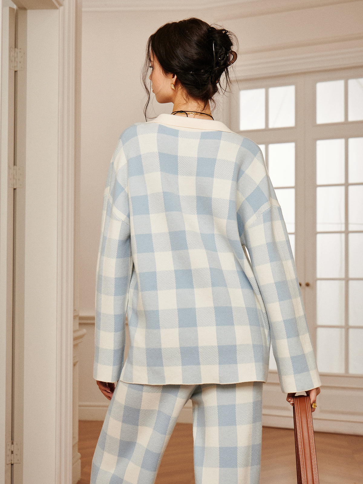 Ensemble Deux Pièces à Motif Carreaux avec Haut à Col Contrasté et Pantalon Large pour Femmes | Idéal pour Tenues Quotidiennes