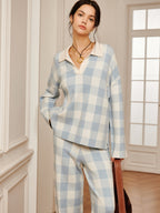 Ensemble Deux Pièces à Motif Carreaux avec Haut à Col Contrasté et Pantalon Large pour Femmes | Idéal pour Tenues Quotidiennes