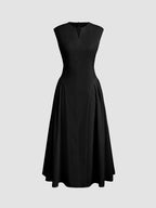 Robe Midi Noire Sans Manches Avec Taille Cintrée Et Jupe Évasée Pour Femmes | Adaptée Aux Tenues Formelles