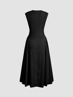 Robe Midi Noire Sans Manches Avec Taille Cintrée Et Jupe Évasée Pour Femmes | Adaptée Aux Tenues Formelles