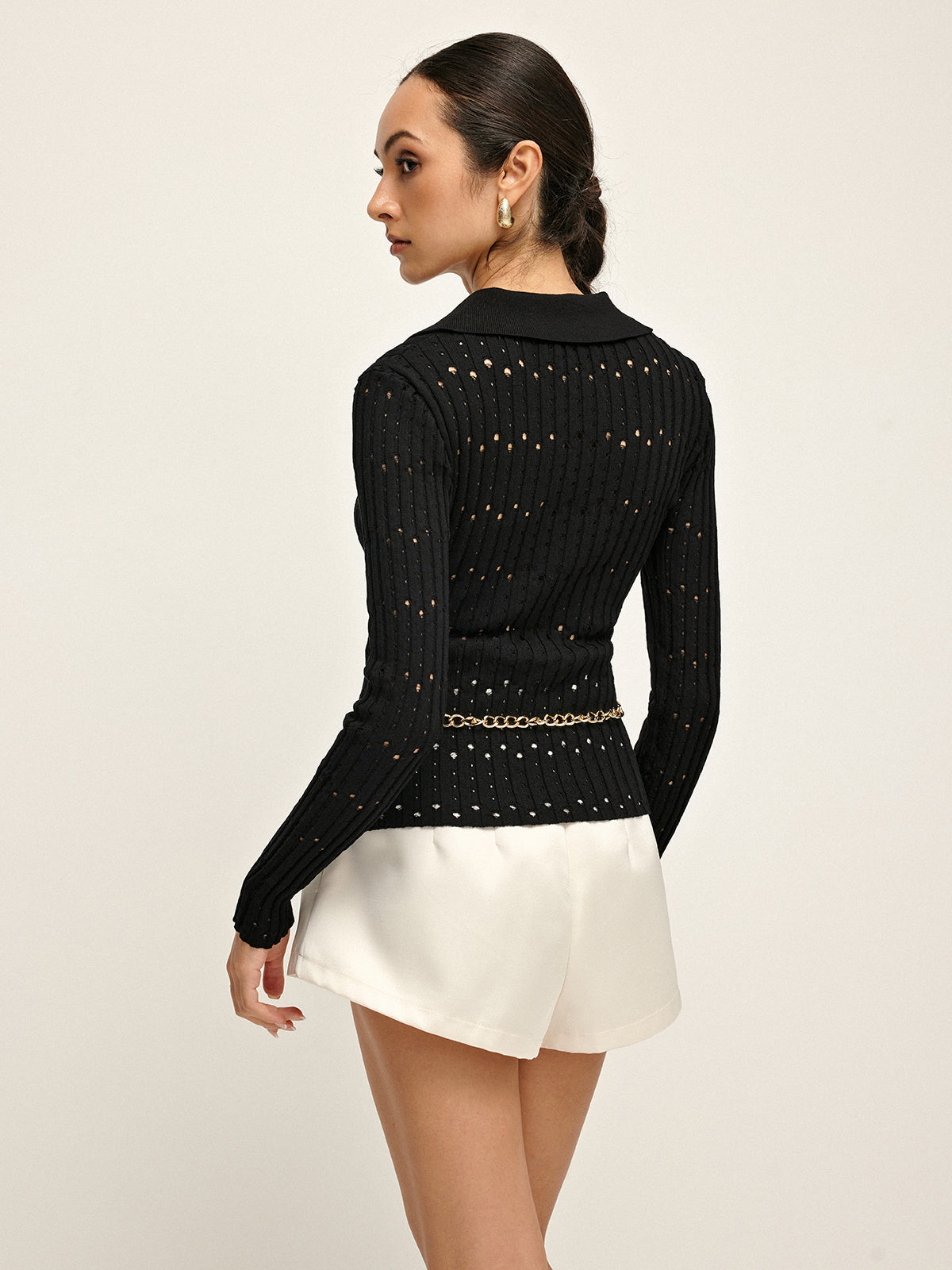 Haut Ajusté en Maille Ajourée avec Col Polo pour Femmes | Idéal pour Tenues Quotidiennes