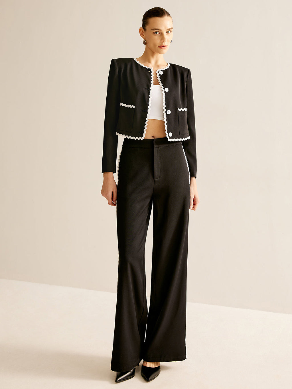 Blazer avec Finition Ondulée Contrastante Et Boutons pour Femme | Idéal pour Le Travail Et Le Temps Libre
