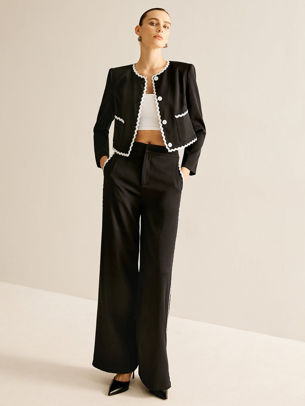 Blazer avec Finition Ondulée Contrastante Et Boutons pour Femme | Idéal pour Le Travail Et Le Temps Libre