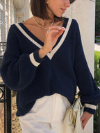 Pull À Encolure En V Avec Rayures Contrastées Pour Femme | Idéal Pour Un Usage Quotidien
