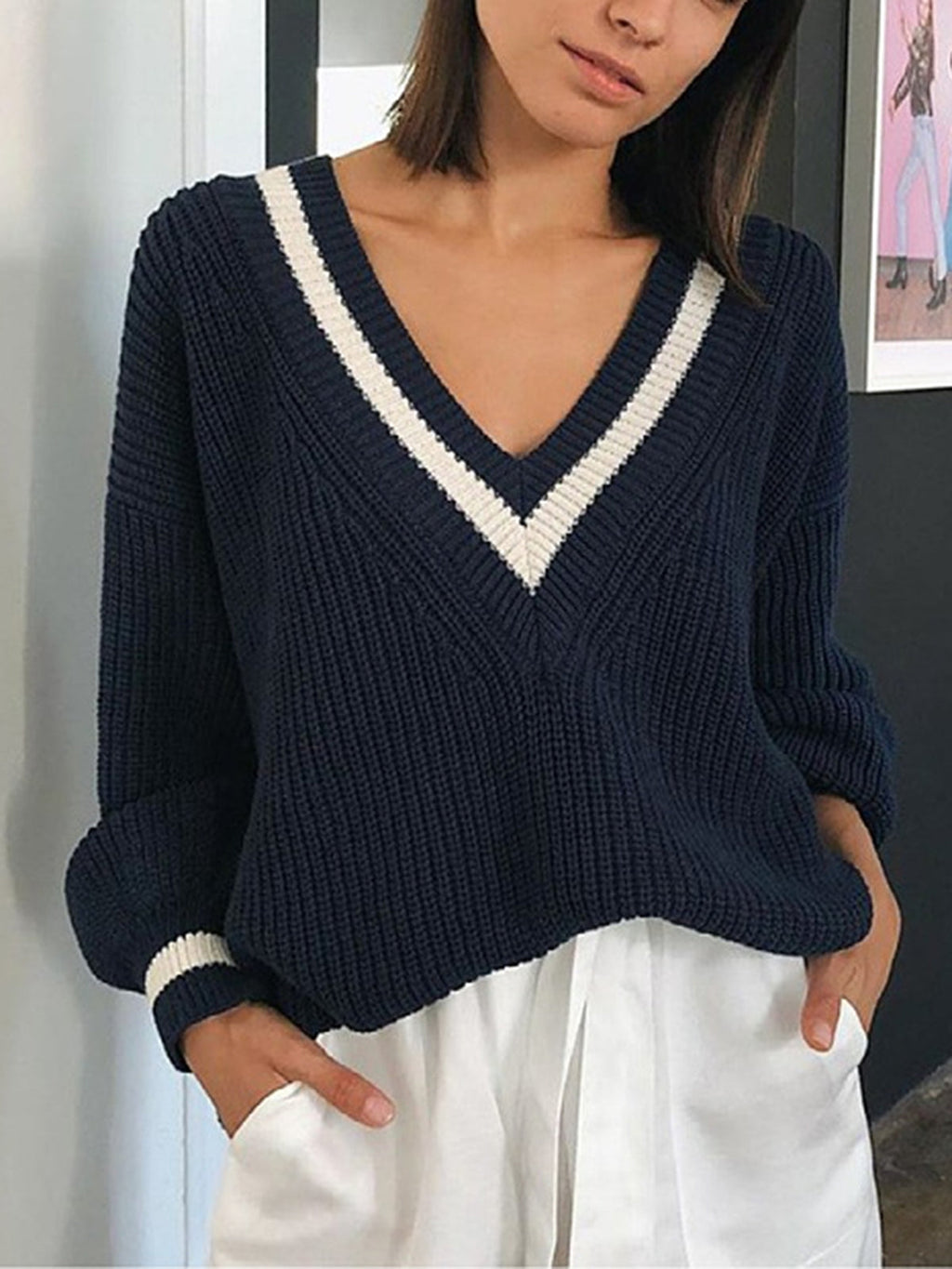 Pull À Encolure En V Avec Rayures Contrastées Pour Femme | Idéal Pour Un Usage Quotidien