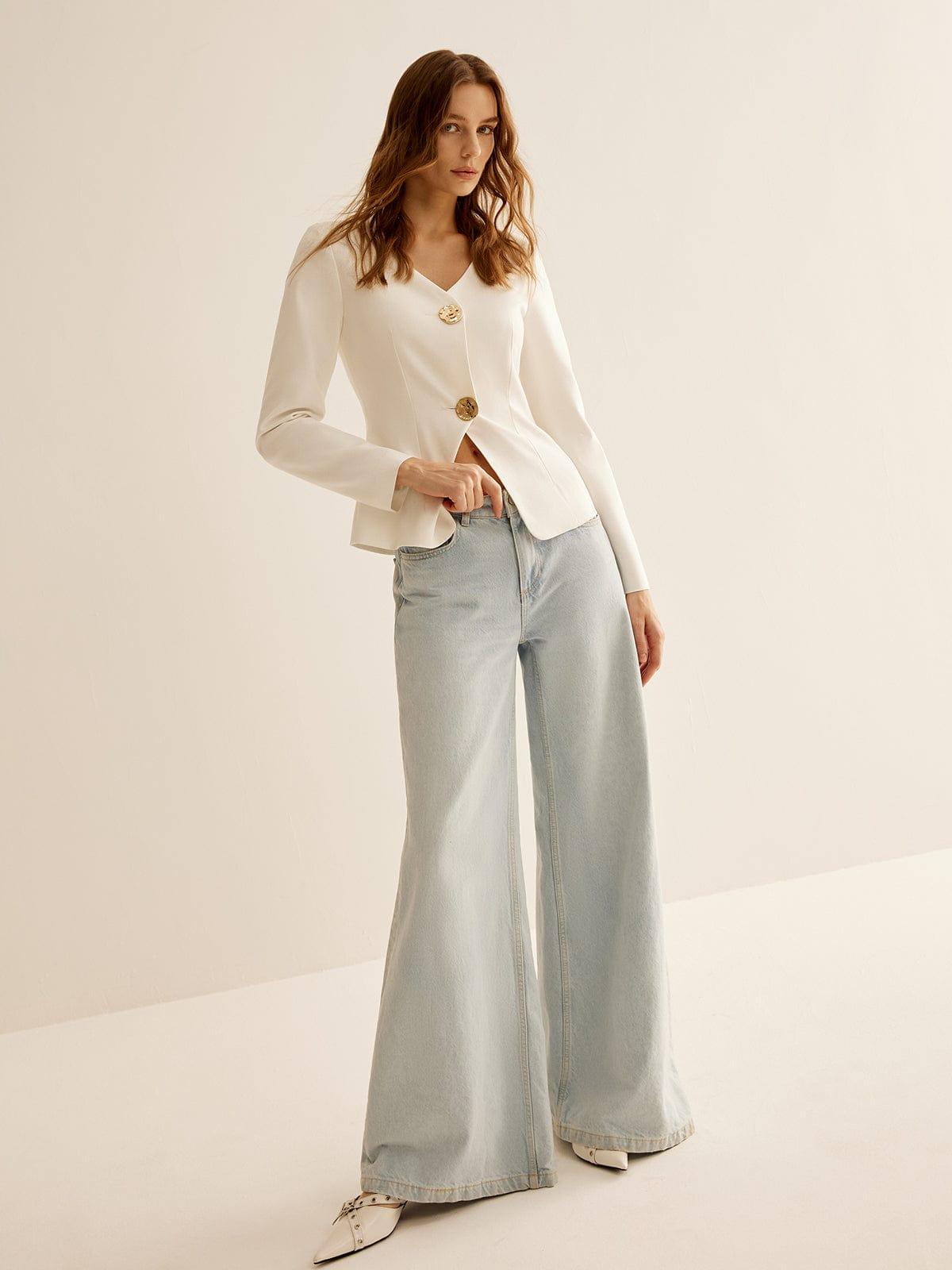 Blazer à Col V avec Boutons Décoratifs pour Femme | Idéal pour Le Travail Et Les Occasions Formelles