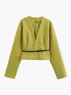 Blazer Court À Col En V Avec Ceinture Fine Pour Femme | Idéal Pour Le Travail Et Le Quotidien