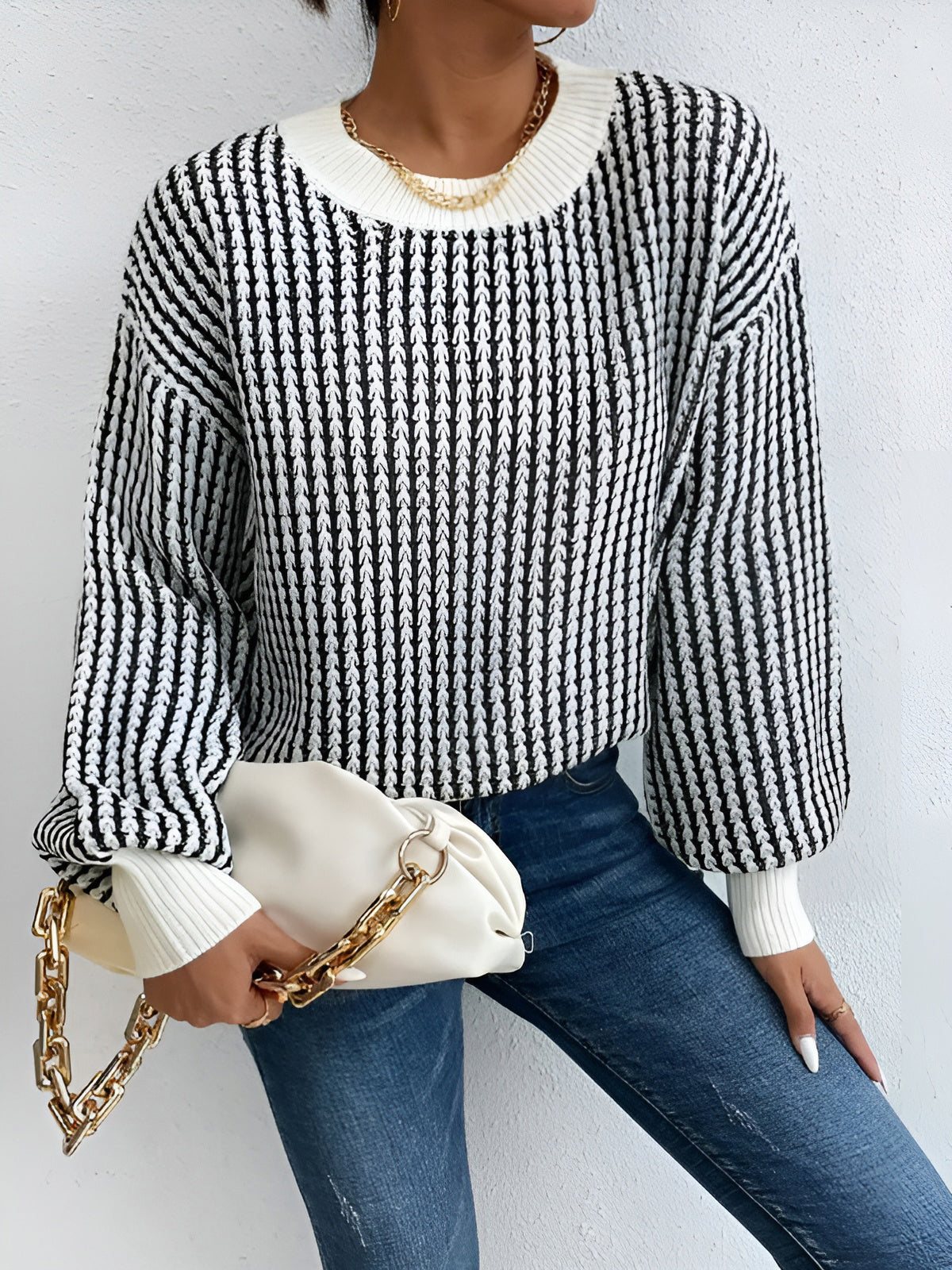 Pull À Manches Longues Avec Motif Contrasté Pour Femme | Idéal Pour Usage Quotidien