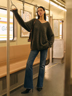 Pull Oversize À Col V Avec Finitions Côtelées Pour Femmes | Idéal Pour Tenues Quotidiennes