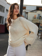Pull Long À Maille Ajourée avec Nœud Lavallière pour Femmes | Idéal pour L’Hiver Et Les Fêtes