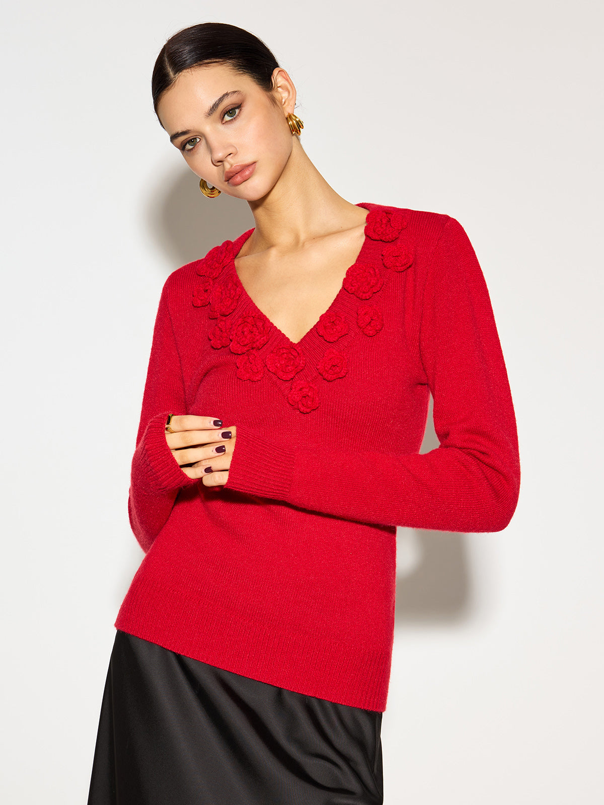 Pull À Encolure En V Avec Fleurs En Relief Pour Femme | Idéal Pour Un Usage Quotidien