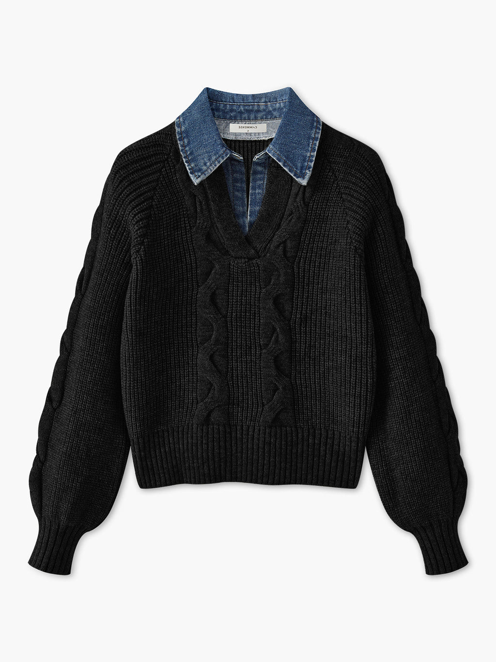 Pull À Col Chemise Intégré En Denim Avec Manches Bouffantes Pour Femmes | Idéal Pour Tenues Quotidiennes