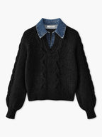 Pull À Col Chemise Intégré En Denim Avec Manches Bouffantes Pour Femmes | Idéal Pour Tenues Quotidiennes