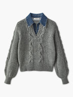 Pull À Col Chemise Intégré En Denim Avec Manches Bouffantes Pour Femmes | Idéal Pour Tenues Quotidiennes