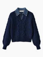 Pull À Col Chemise Intégré En Denim Avec Manches Bouffantes Pour Femmes | Idéal Pour Tenues Quotidiennes
