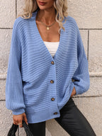 Cardigan Oversize en Maille Côtelée avec Boutons Effet Bois et Col en V pour Femmes | Idéal pour Superpositions